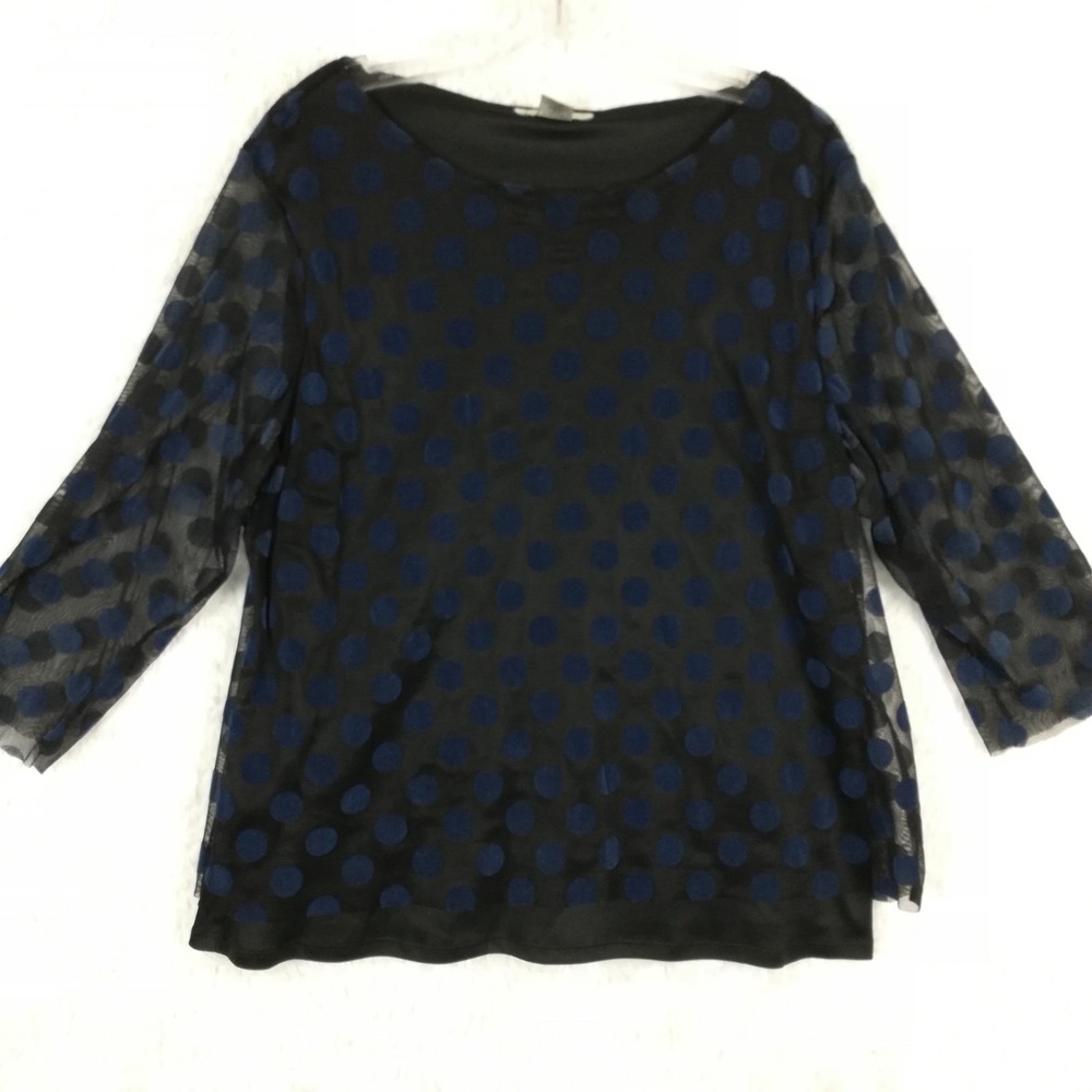 Kikit Womens Top Blouse Sheer 3/4 Sleeve Black Blue Dot Layered XL